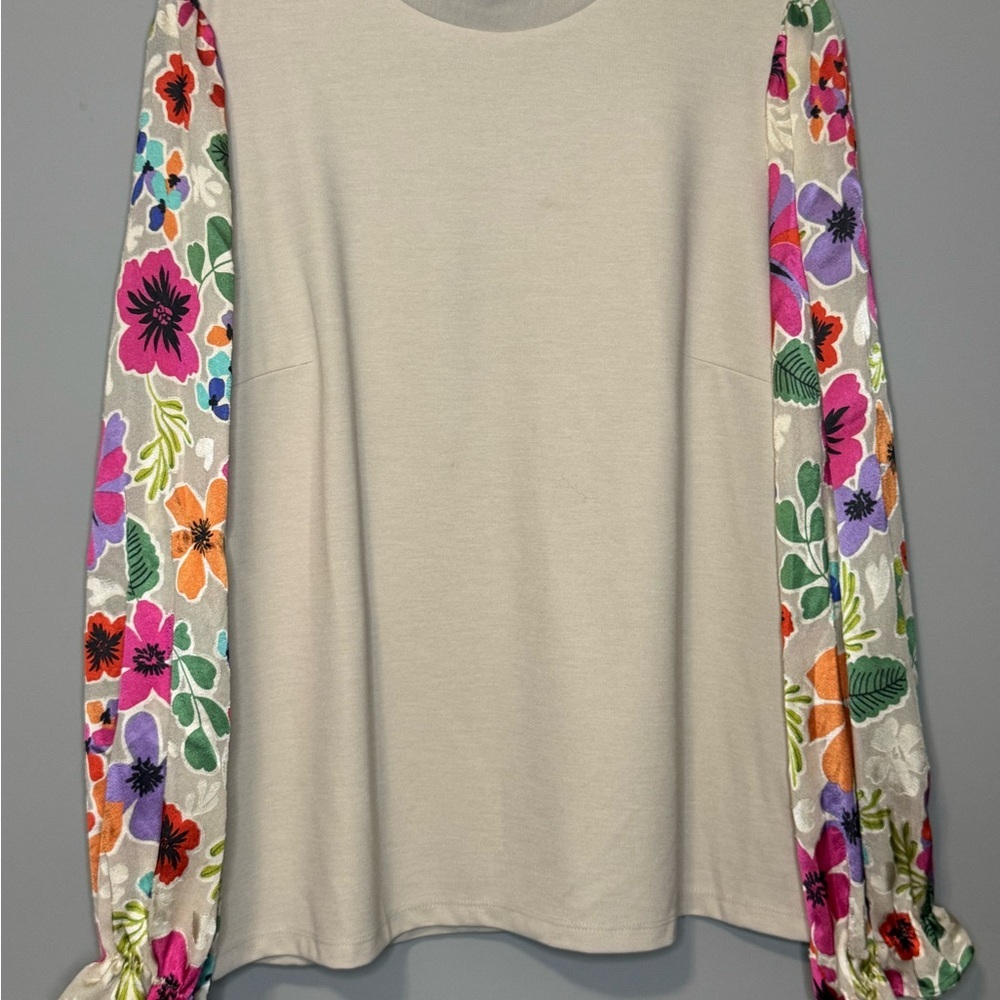 Saint + Sofia Beige Mock Neck Top Floral Velvet Burnout Balloon Sleeve Womens 10